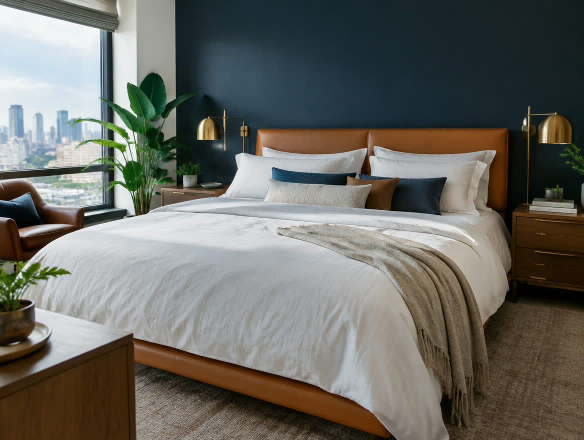 Calm apartment bedroom with navy feature wall