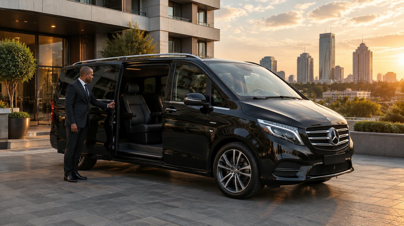 Chauffeur opening a Mercedes-Benz V-Class for a viewing