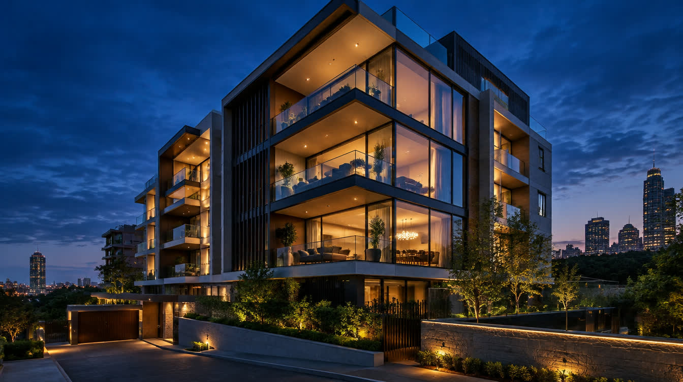 Modern apartment building in Sandton at dusk