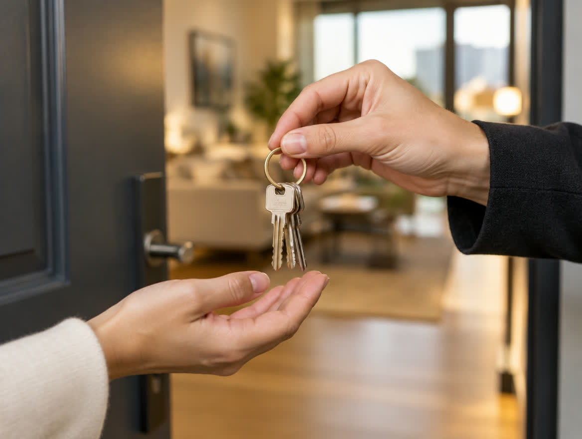 Keys handed over at the door of a new apartment