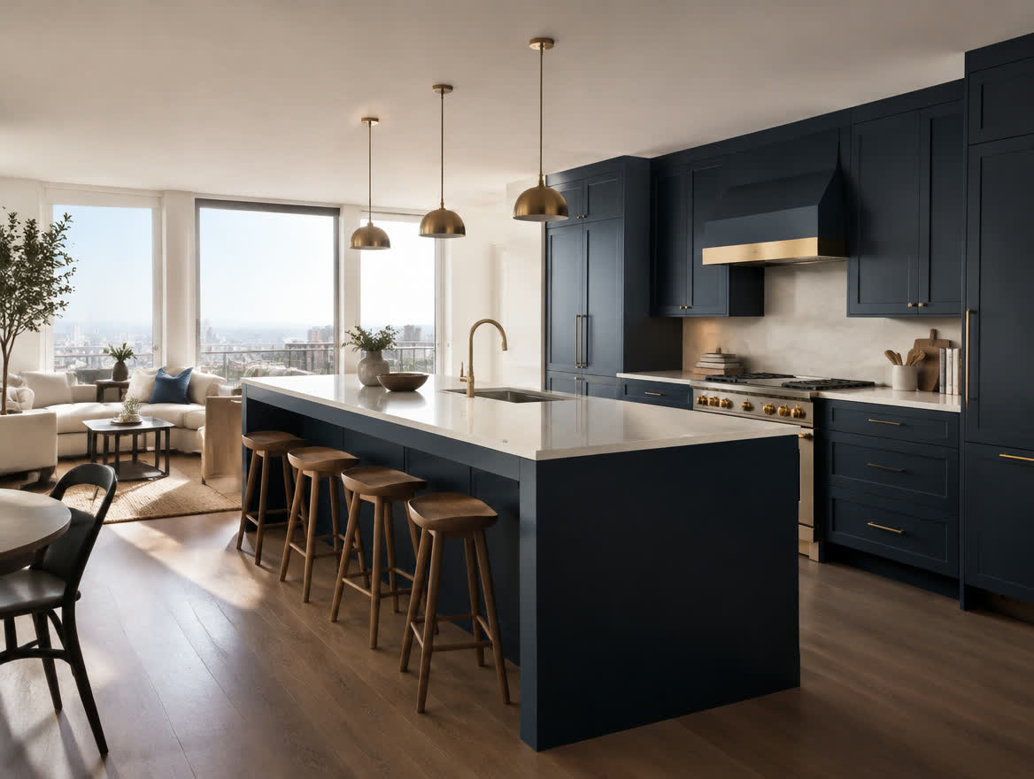 Modern apartment kitchen with navy cabinets