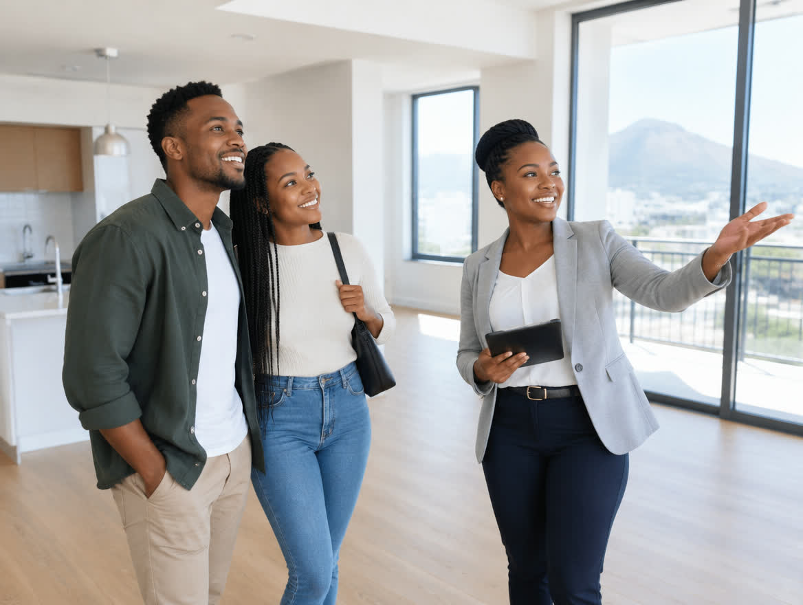 Consultant showing a couple around an apartment